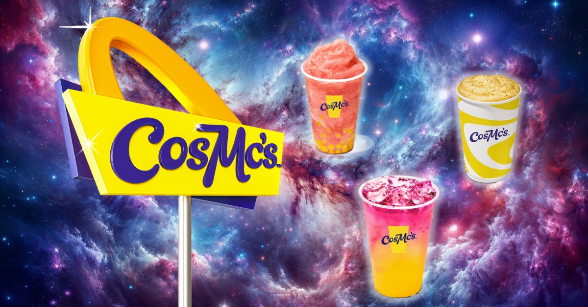 CosMc's sign and three drinks from the menu on a galaxy themed background